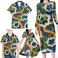 Aloha Festive Hawaii Family Matching Long Sleeve Bodycon Dress and Hawaiian Shirt Mokihana - Maile and Ilima on Navy Blue LT7 - Polynesian Pride