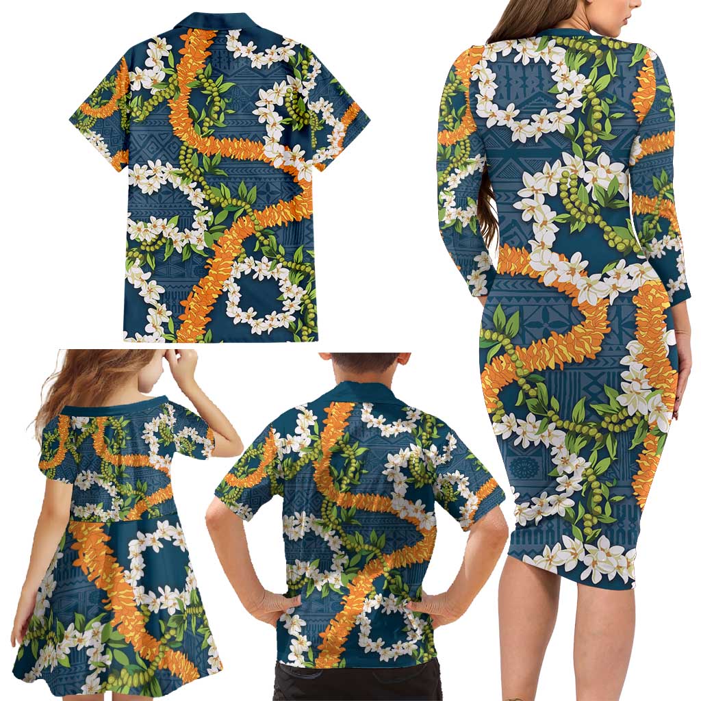 Aloha Festive Hawaii Family Matching Long Sleeve Bodycon Dress and Hawaiian Shirt Mokihana - Maile and Ilima on Navy Blue LT7 - Polynesian Pride