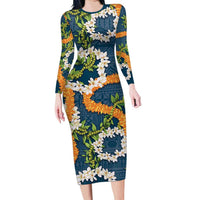 Aloha Festive Hawaii Family Matching Long Sleeve Bodycon Dress and Hawaiian Shirt Mokihana - Maile and Ilima on Navy Blue LT7 Mom's Dress Navy Blue - Polynesian Pride