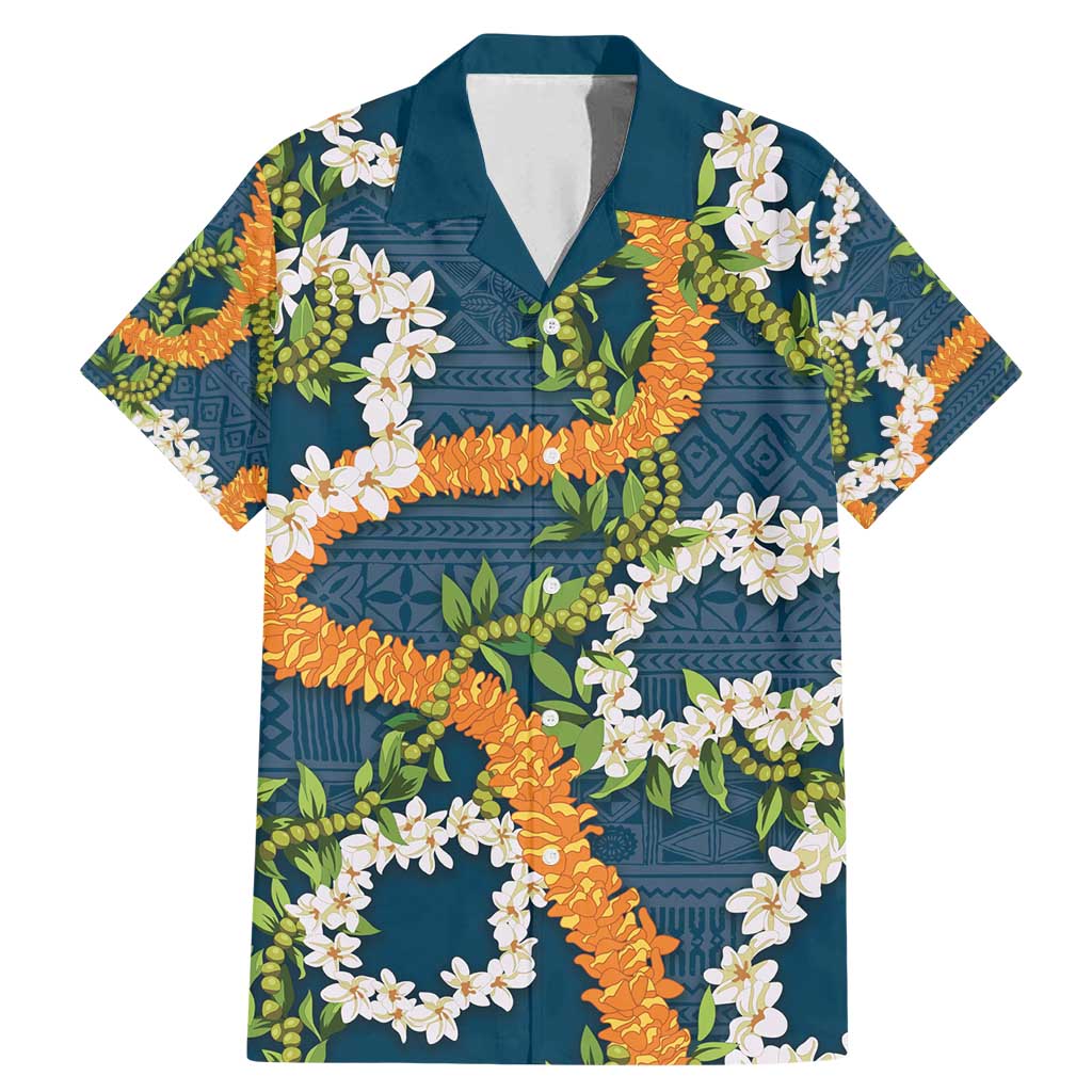 Aloha Festive Hawaii Family Matching Mermaid Dress and Hawaiian Shirt Mokihana - Maile and Ilima on Navy Blue LT7 Dad's Shirt - Short Sleeve Navy Blue - Polynesian Pride