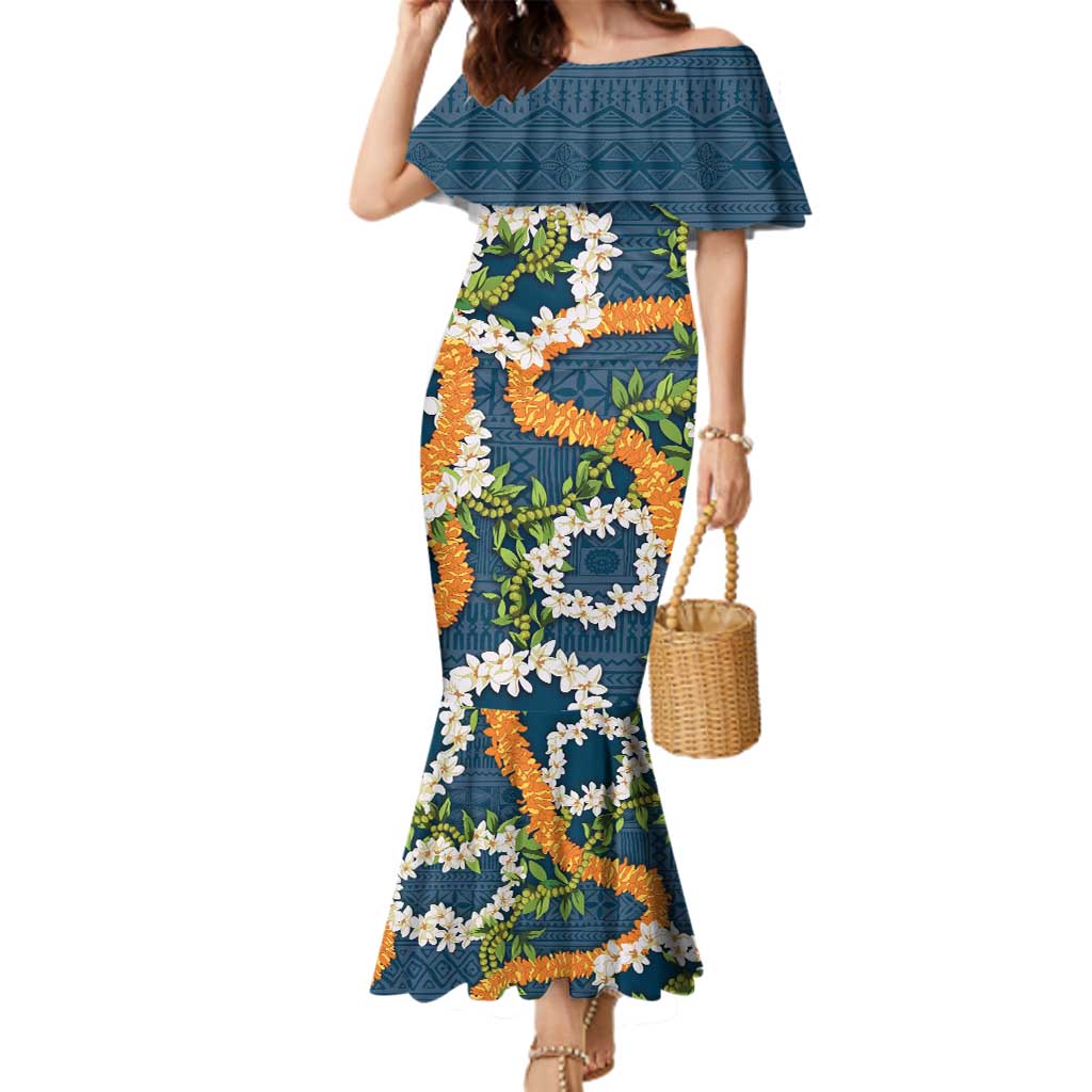 Aloha Festive Hawaii Family Matching Mermaid Dress and Hawaiian Shirt Mokihana - Maile and Ilima on Navy Blue LT7 Mom's Dress Navy Blue - Polynesian Pride