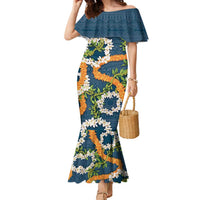 Aloha Festive Hawaii Family Matching Mermaid Dress and Hawaiian Shirt Mokihana - Maile and Ilima on Navy Blue LT7 Mom's Dress Navy Blue - Polynesian Pride