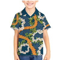 Aloha Festive Hawaii Family Matching Mermaid Dress and Hawaiian Shirt Mokihana - Maile and Ilima on Navy Blue LT7 Son's Shirt Navy Blue - Polynesian Pride
