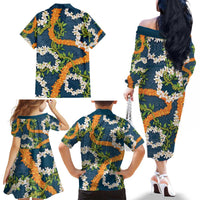 Aloha Festive Hawaii Family Matching Off The Shoulder Long Sleeve Dress and Hawaiian Shirt Mokihana - Maile and Ilima on Navy Blue LT7 - Polynesian Pride