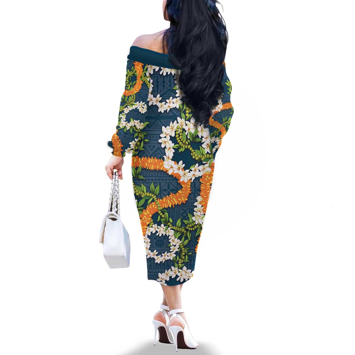 Aloha Festive Hawaii Family Matching Off The Shoulder Long Sleeve Dress and Hawaiian Shirt Mokihana - Maile and Ilima on Navy Blue LT7 - Polynesian Pride