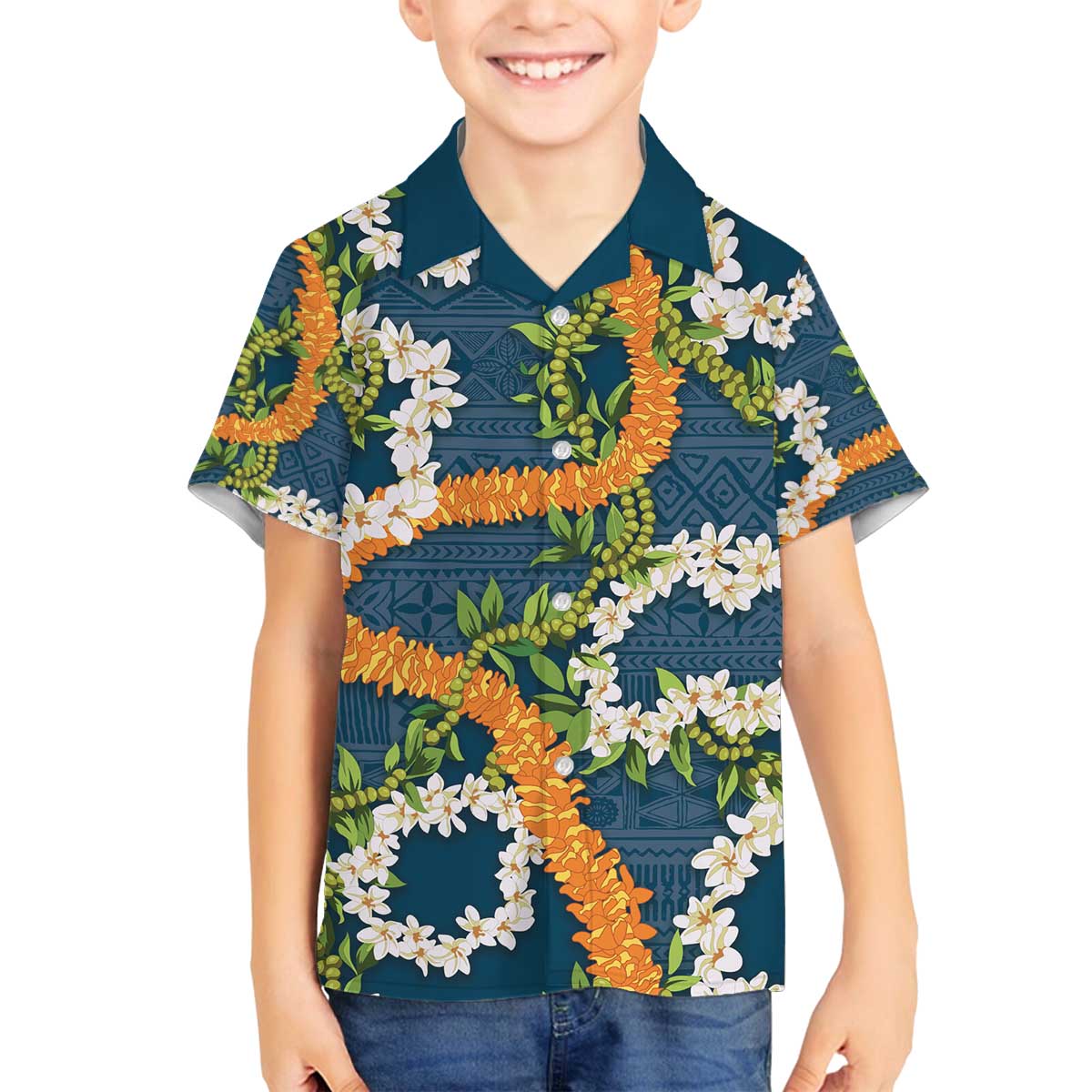 Aloha Festive Hawaii Family Matching Off The Shoulder Long Sleeve Dress and Hawaiian Shirt Mokihana - Maile and Ilima on Navy Blue LT7 Son's Shirt Navy Blue - Polynesian Pride