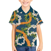 Aloha Festive Hawaii Family Matching Off The Shoulder Long Sleeve Dress and Hawaiian Shirt Mokihana - Maile and Ilima on Navy Blue LT7 Son's Shirt Navy Blue - Polynesian Pride