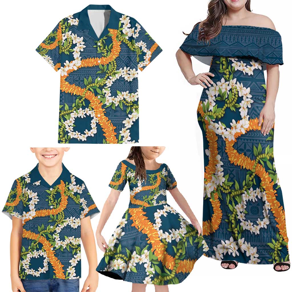 Aloha Festive Hawaii Family Matching Off Shoulder Maxi Dress and Hawaiian Shirt Mokihana - Maile and Ilima on Navy Blue LT7 - Polynesian Pride