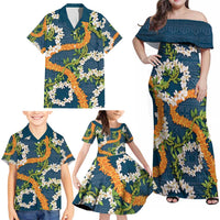 Aloha Festive Hawaii Family Matching Off Shoulder Maxi Dress and Hawaiian Shirt Mokihana - Maile and Ilima on Navy Blue LT7 - Polynesian Pride