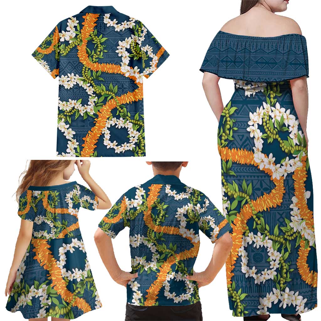 Aloha Festive Hawaii Family Matching Off Shoulder Maxi Dress and Hawaiian Shirt Mokihana - Maile and Ilima on Navy Blue LT7 - Polynesian Pride