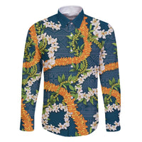 Aloha Festive Hawaii Family Matching Off Shoulder Maxi Dress and Hawaiian Shirt Mokihana - Maile and Ilima on Navy Blue LT7 Dad's Shirt - Long Sleeve Navy Blue - Polynesian Pride
