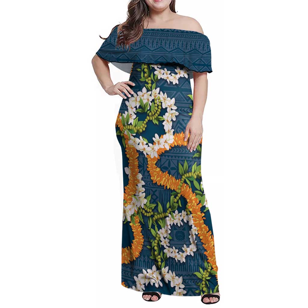 Aloha Festive Hawaii Family Matching Off Shoulder Maxi Dress and Hawaiian Shirt Mokihana - Maile and Ilima on Navy Blue LT7 Mom's Dress Navy Blue - Polynesian Pride