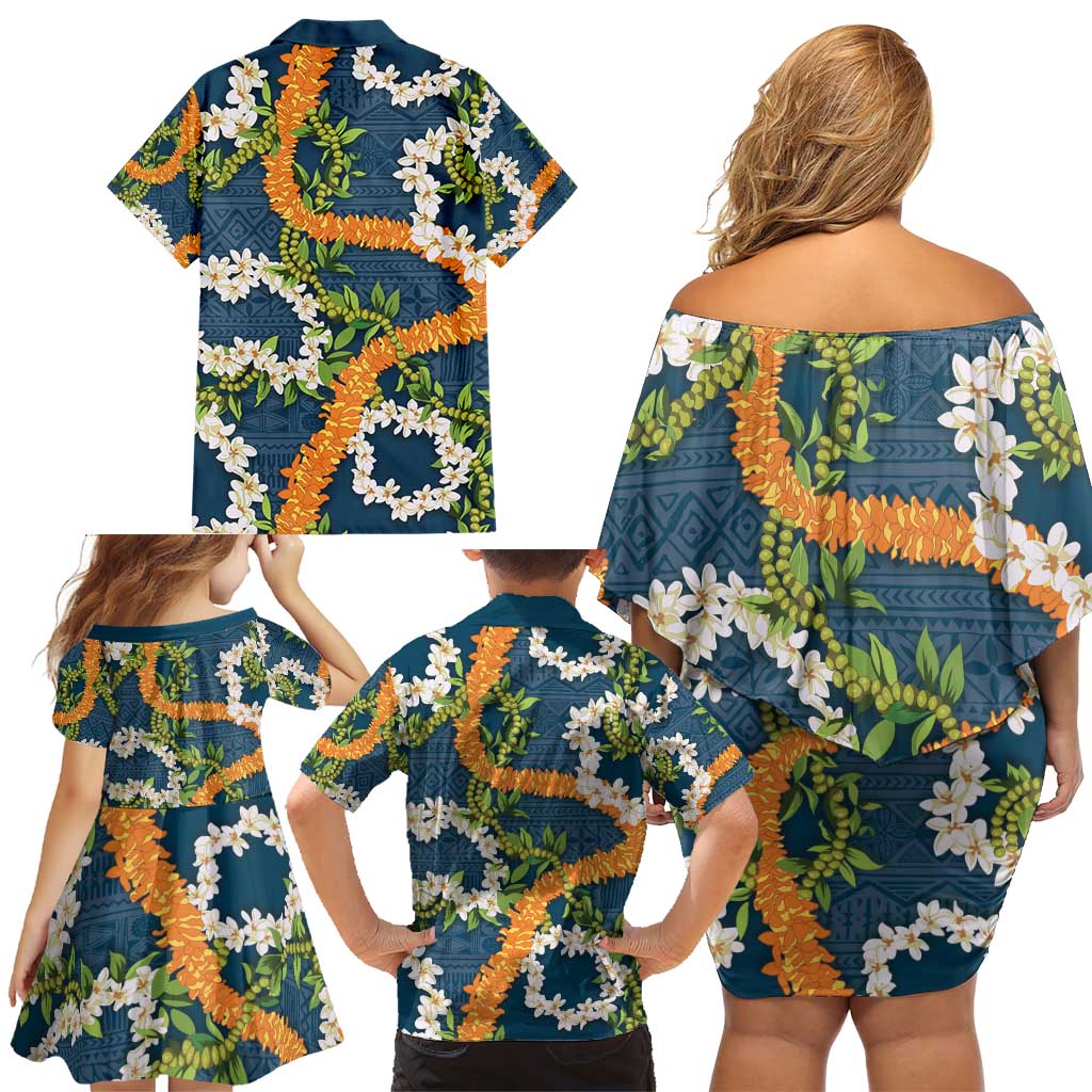Aloha Festive Hawaii Family Matching Off Shoulder Short Dress and Hawaiian Shirt Mokihana - Maile and Ilima on Navy Blue LT7 - Polynesian Pride