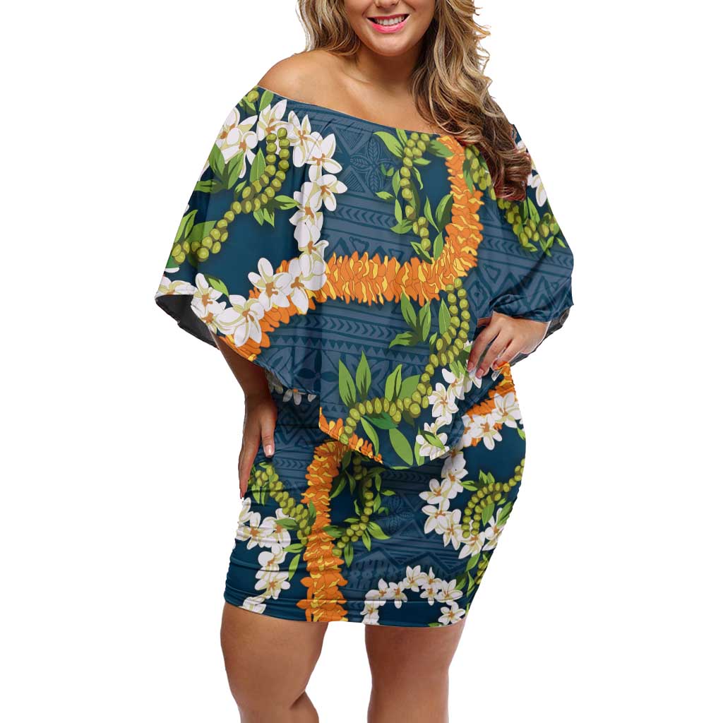Aloha Festive Hawaii Family Matching Off Shoulder Short Dress and Hawaiian Shirt Mokihana - Maile and Ilima on Navy Blue LT7 Mom's Dress Navy Blue - Polynesian Pride