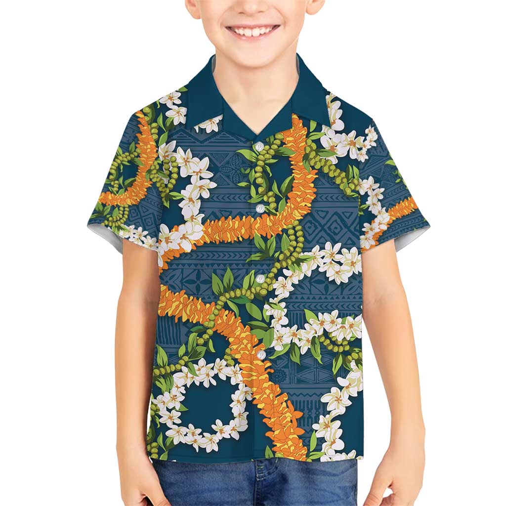 Aloha Festive Hawaii Family Matching Off Shoulder Short Dress and Hawaiian Shirt Mokihana - Maile and Ilima on Navy Blue LT7 Son's Shirt Navy Blue - Polynesian Pride