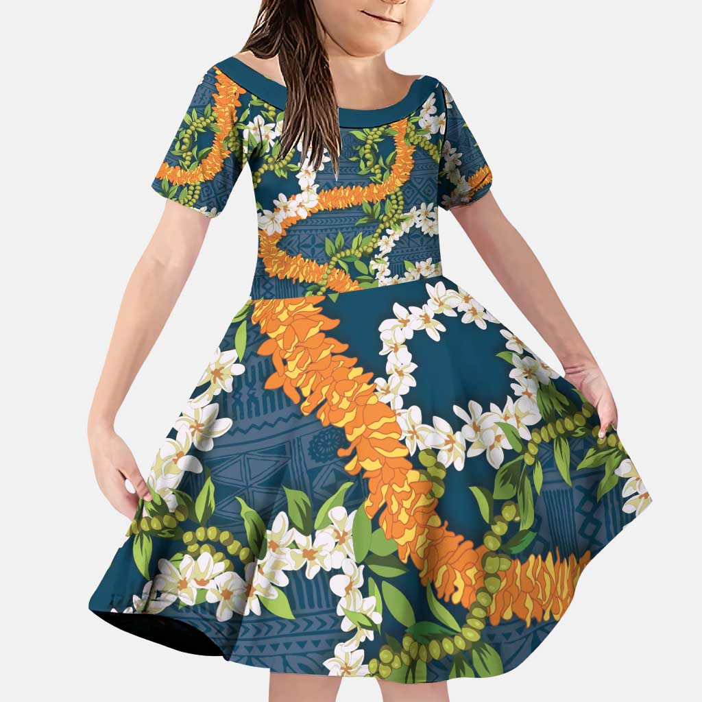 Aloha Festive Hawaii Family Matching Puletasi and Hawaiian Shirt Mokihana - Maile and Ilima on Navy Blue LT7 Daughter's Dress Navy Blue - Polynesian Pride