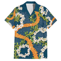 Aloha Festive Hawaii Family Matching Puletasi and Hawaiian Shirt Mokihana - Maile and Ilima on Navy Blue LT7 Dad's Shirt - Short Sleeve Navy Blue - Polynesian Pride