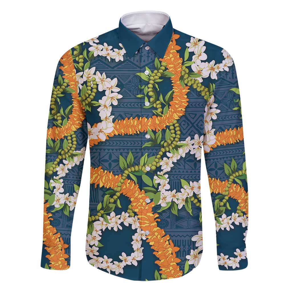 Aloha Festive Hawaii Family Matching Puletasi and Hawaiian Shirt Mokihana - Maile and Ilima on Navy Blue LT7 Dad's Shirt - Long Sleeve Navy Blue - Polynesian Pride