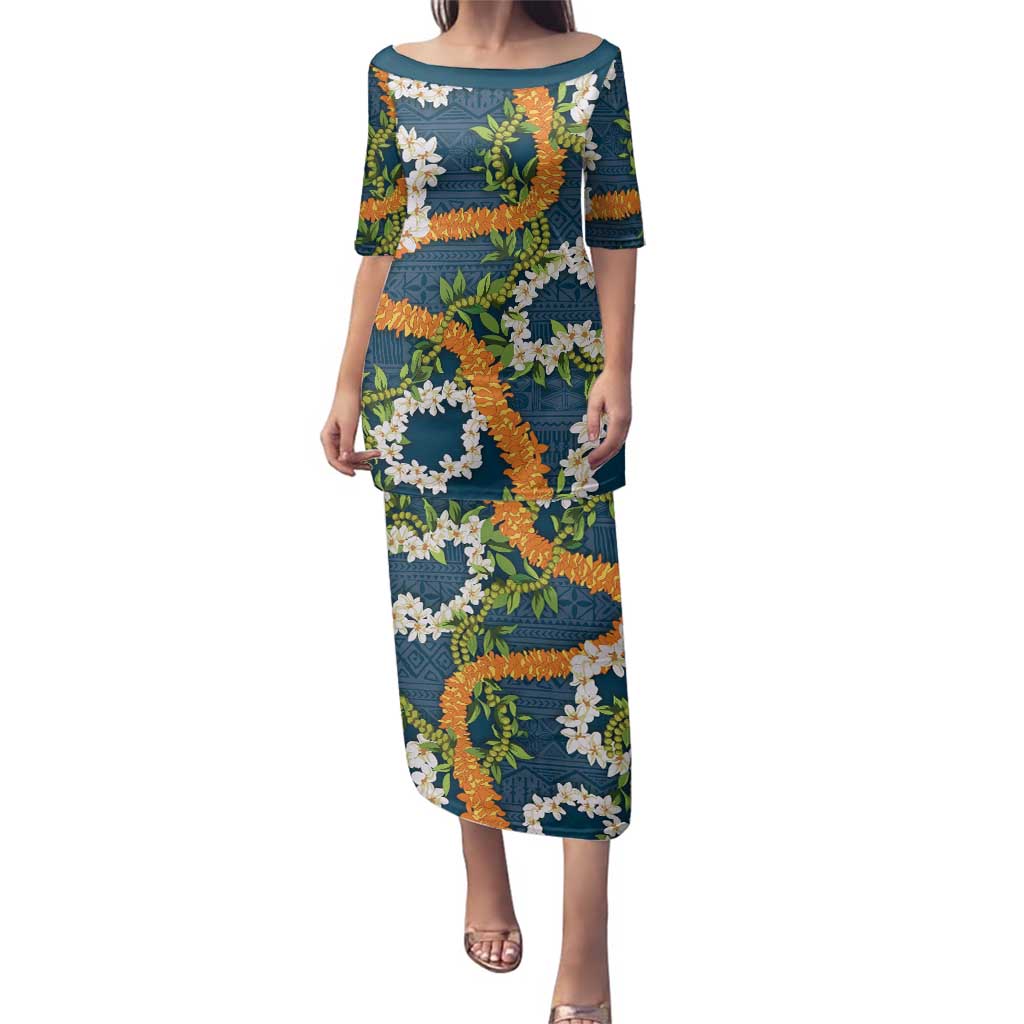 Aloha Festive Hawaii Family Matching Puletasi and Hawaiian Shirt Mokihana - Maile and Ilima on Navy Blue LT7 Mom's Dress Navy Blue - Polynesian Pride