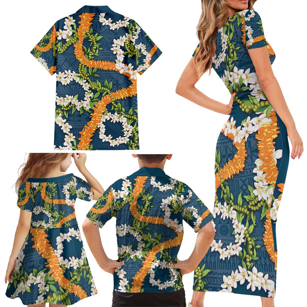 Aloha Festive Hawaii Family Matching Short Sleeve Bodycon Dress and Hawaiian Shirt Mokihana - Maile and Ilima on Navy Blue LT7 - Polynesian Pride