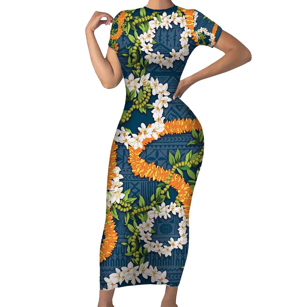 Aloha Festive Hawaii Family Matching Short Sleeve Bodycon Dress and Hawaiian Shirt Mokihana - Maile and Ilima on Navy Blue LT7 Mom's Dress Navy Blue - Polynesian Pride