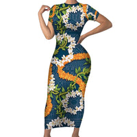 Aloha Festive Hawaii Family Matching Short Sleeve Bodycon Dress and Hawaiian Shirt Mokihana - Maile and Ilima on Navy Blue LT7 Mom's Dress Navy Blue - Polynesian Pride