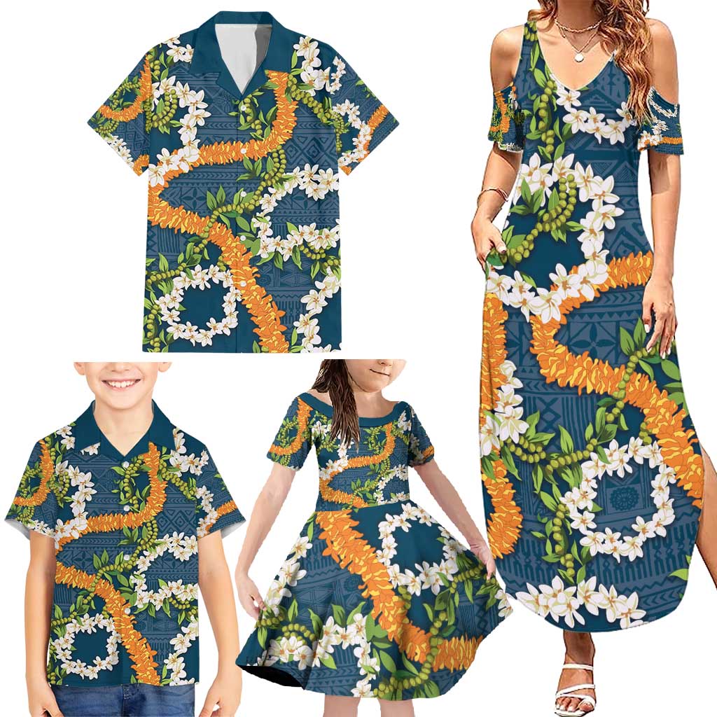 Aloha Festive Hawaii Family Matching Summer Maxi Dress and Hawaiian Shirt Mokihana - Maile and Ilima on Navy Blue LT7 - Polynesian Pride