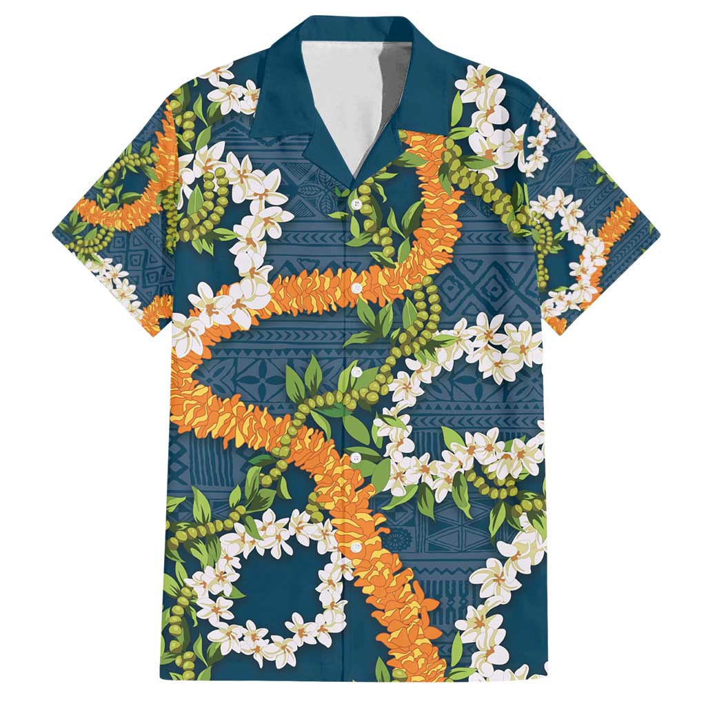 Aloha Festive Hawaii Family Matching Tank Maxi Dress and Hawaiian Shirt Mokihana - Maile and Ilima on Navy Blue LT7 Dad's Shirt - Short Sleeve Navy Blue - Polynesian Pride