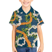 Aloha Festive Hawaii Family Matching Tank Maxi Dress and Hawaiian Shirt Mokihana - Maile and Ilima on Navy Blue LT7 Son's Shirt Navy Blue - Polynesian Pride
