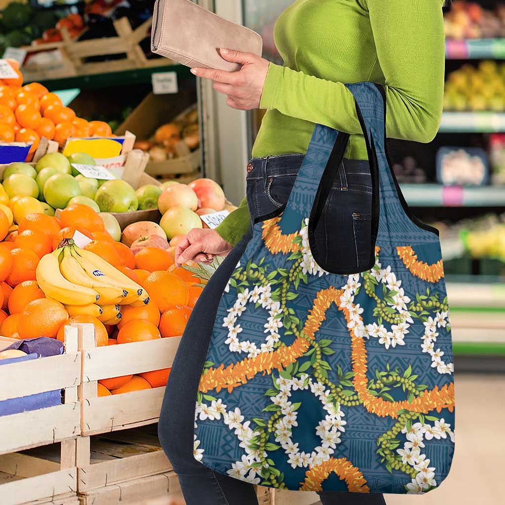 Aloha Festive Hawaii Grocery Bag Mokihana - Maile and Ilima on Navy Blue - Polynesian Pride