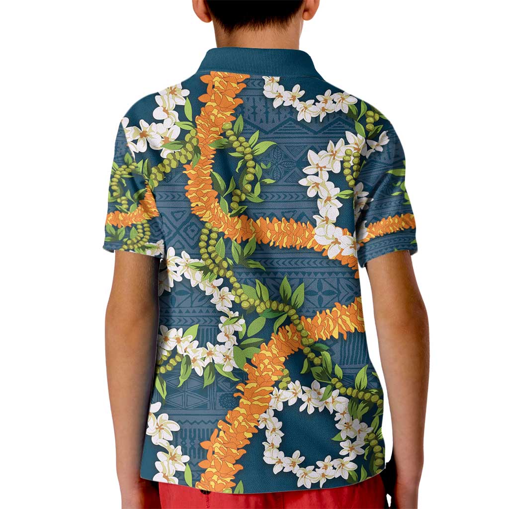 Aloha Festive Hawaii Kid Polo Shirt Mokihana - Maile and Ilima on Navy Blue - Polynesian Pride