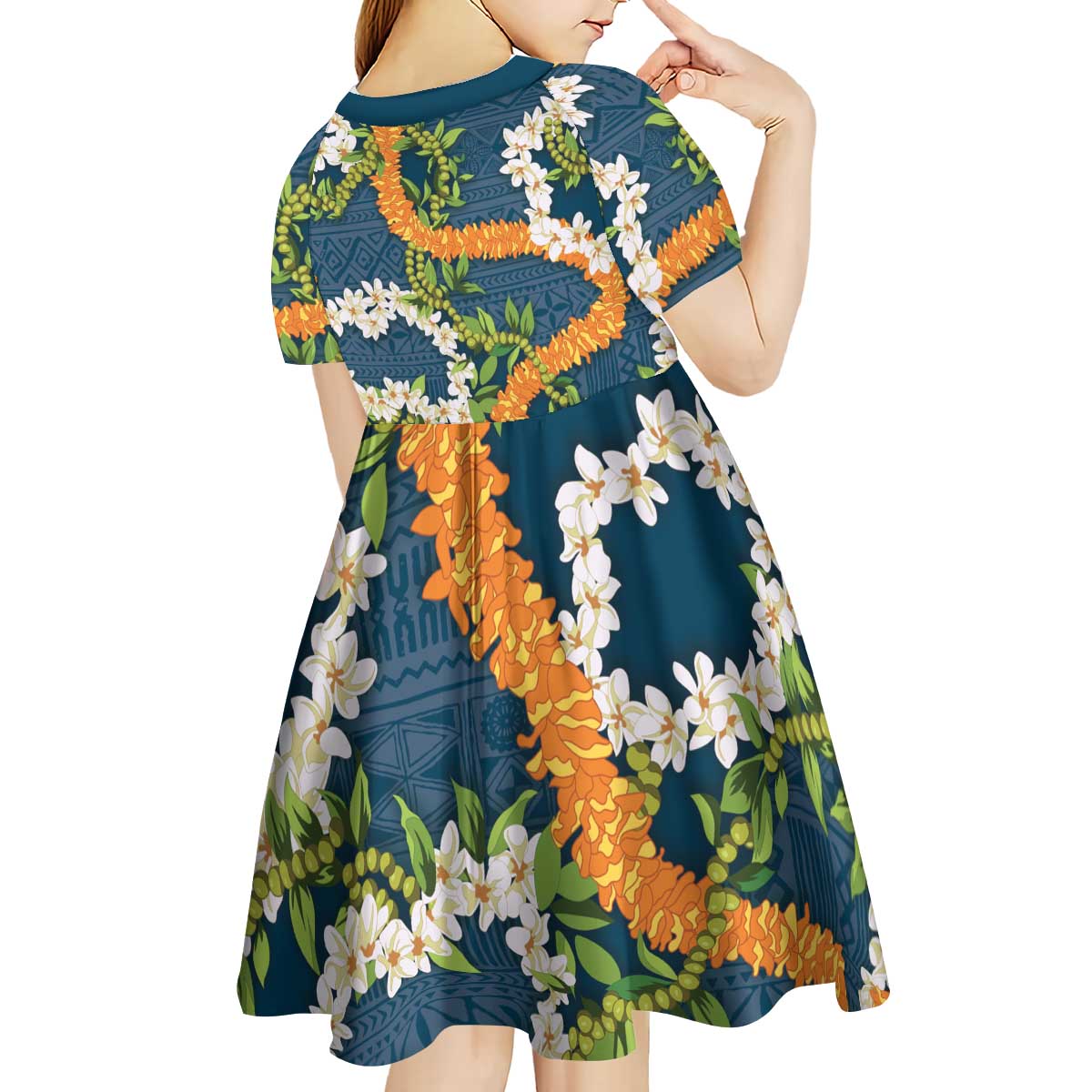 Aloha Festive Hawaii Kid Short Sleeve Dress Mokihana - Maile and Ilima on Navy Blue - Polynesian Pride