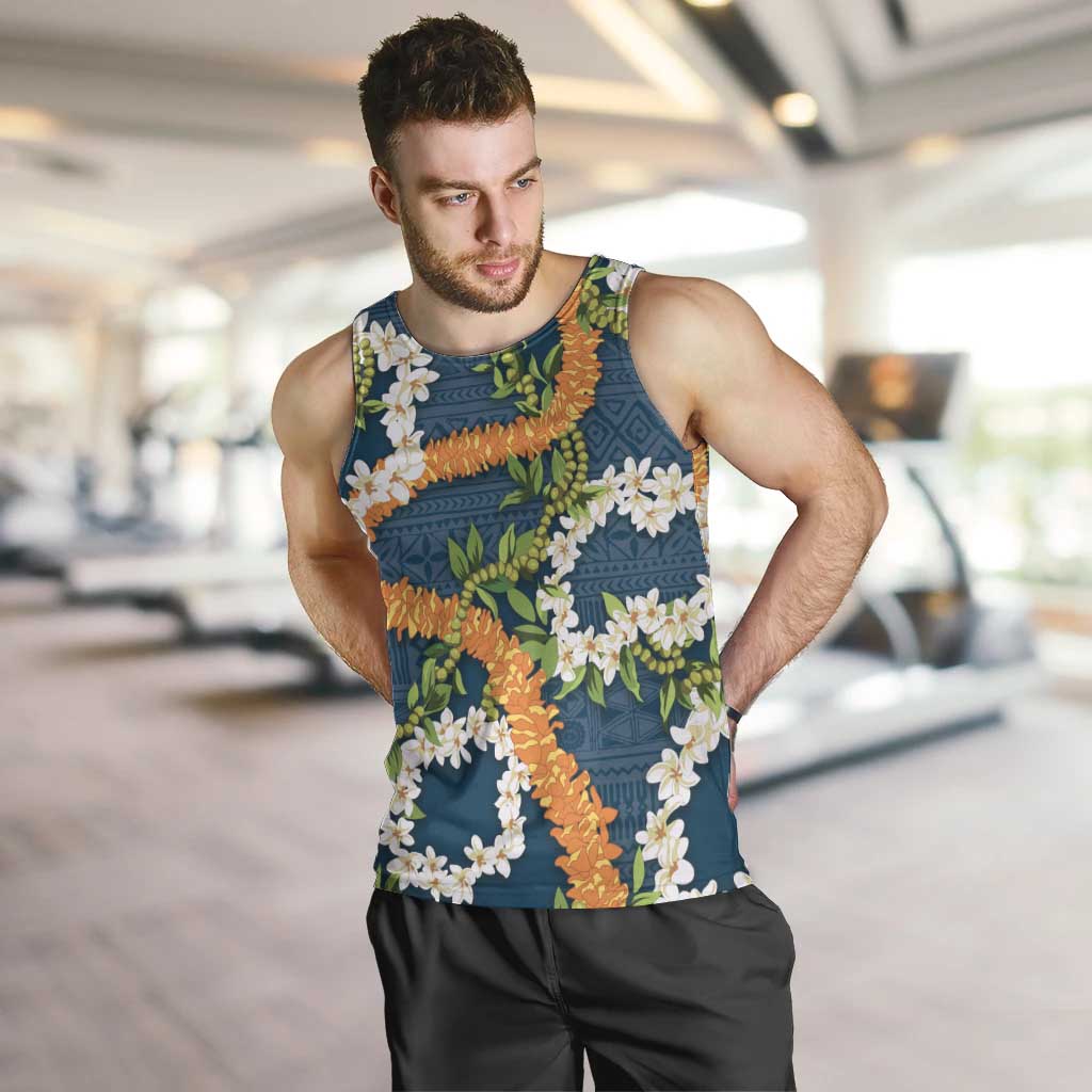 Aloha Festive Hawaii Men Tank Top Mokihana - Maile and Ilima on Navy Blue - Polynesian Pride