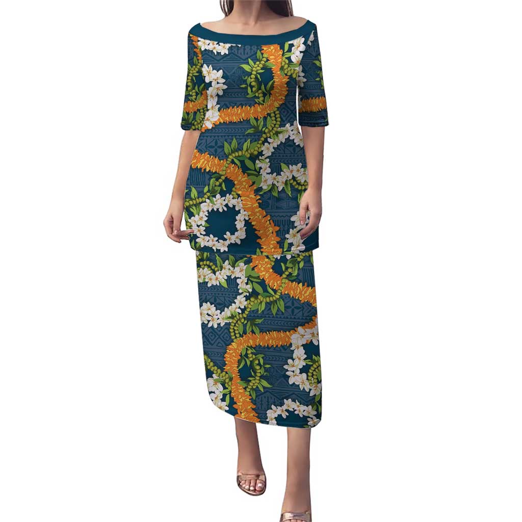Aloha Festive Hawaii Puletasi Mokihana - Maile and Ilima on Navy Blue LT7 Long Dress Navy Blue - Polynesian Pride