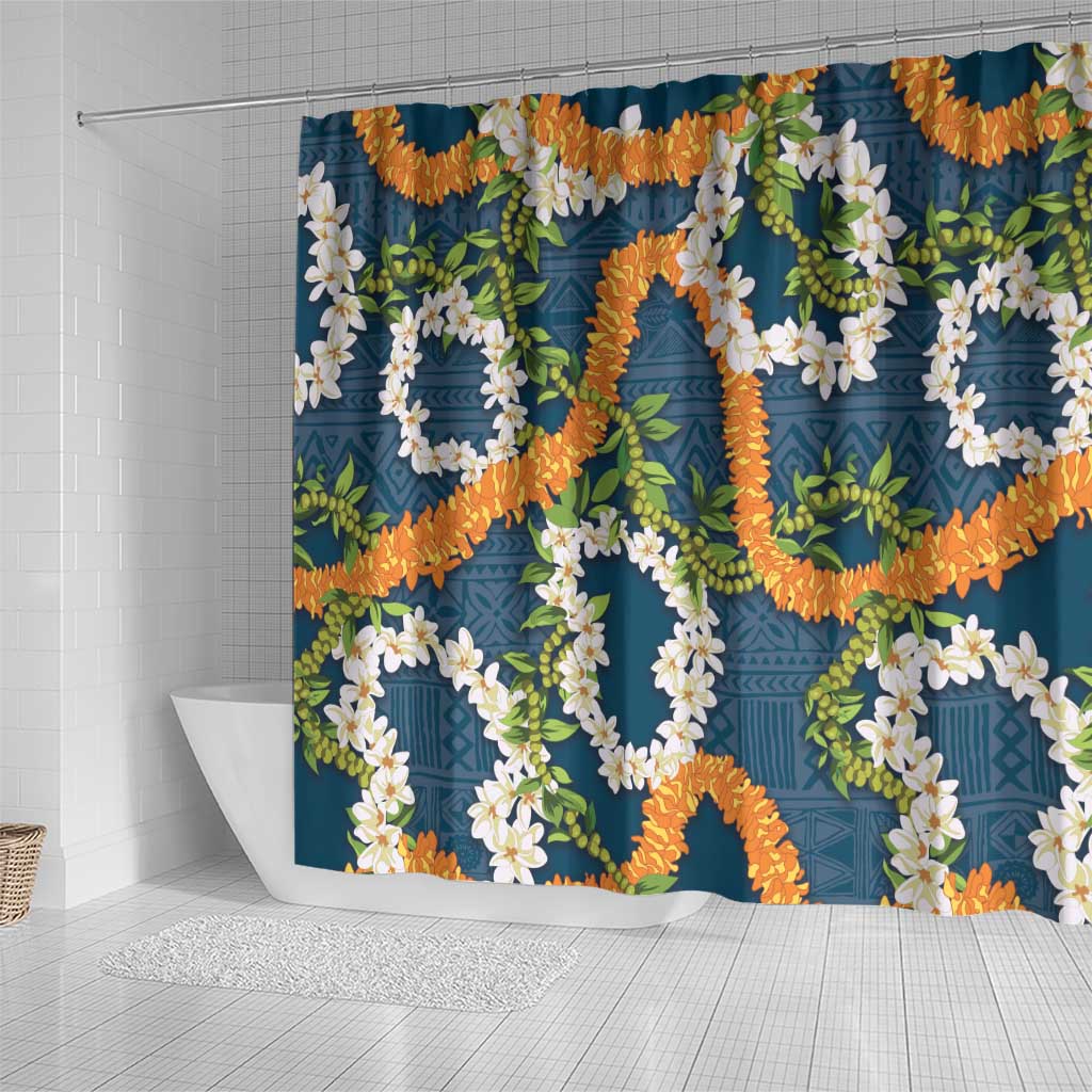 Aloha Festive Hawaii Shower Curtain Mokihana - Maile and Ilima on Navy Blue - Polynesian Pride