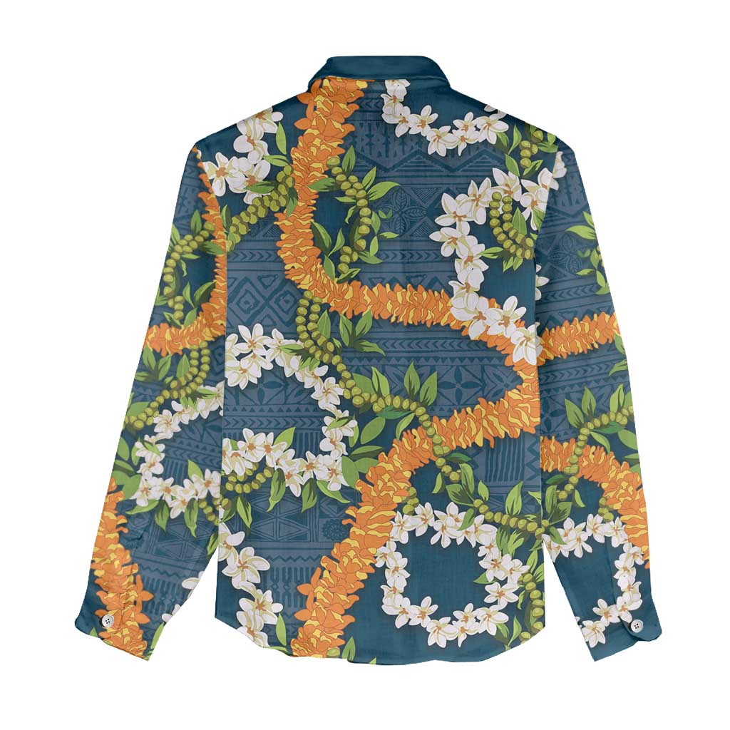 Aloha Festive Hawaii Women Casual Shirt Mokihana - Maile and Ilima on Navy Blue - Polynesian Pride