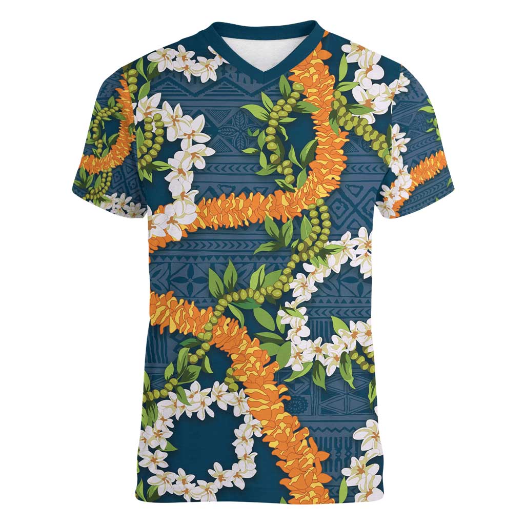 Aloha Festive Hawaii Women V-Neck T-Shirt Mokihana - Maile and Ilima on Navy Blue - Polynesian Pride