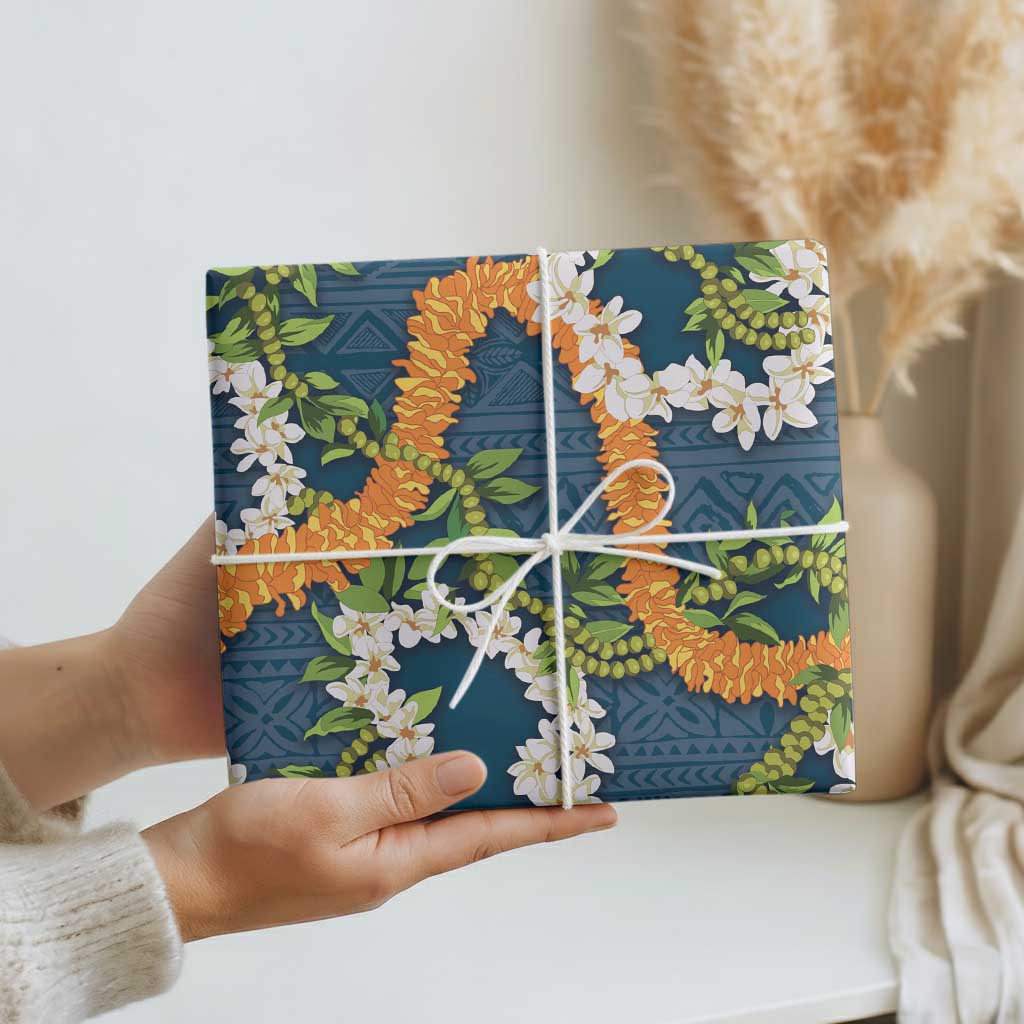 Aloha Festive Hawaii Wrapping Paper Mokihana - Maile and Ilima on Navy Blue