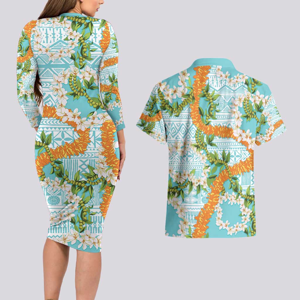 Aloha Festive Hawaii Couples Matching Long Sleeve Bodycon Dress and Hawaiian Shirt Mokihana - Maile and Ilima on Turquoise LT7 - Polynesian Pride