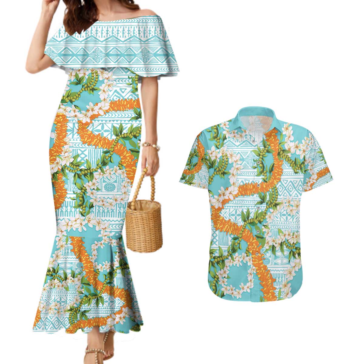 Aloha Festive Hawaii Couples Matching Mermaid Dress and Hawaiian Shirt Mokihana - Maile and Ilima on Turquoise - Polynesian Pride
