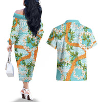 Aloha Festive Hawaii Couples Matching Off The Shoulder Long Sleeve Dress and Hawaiian Shirt Mokihana - Maile and Ilima on Turquoise LT7 - Polynesian Pride