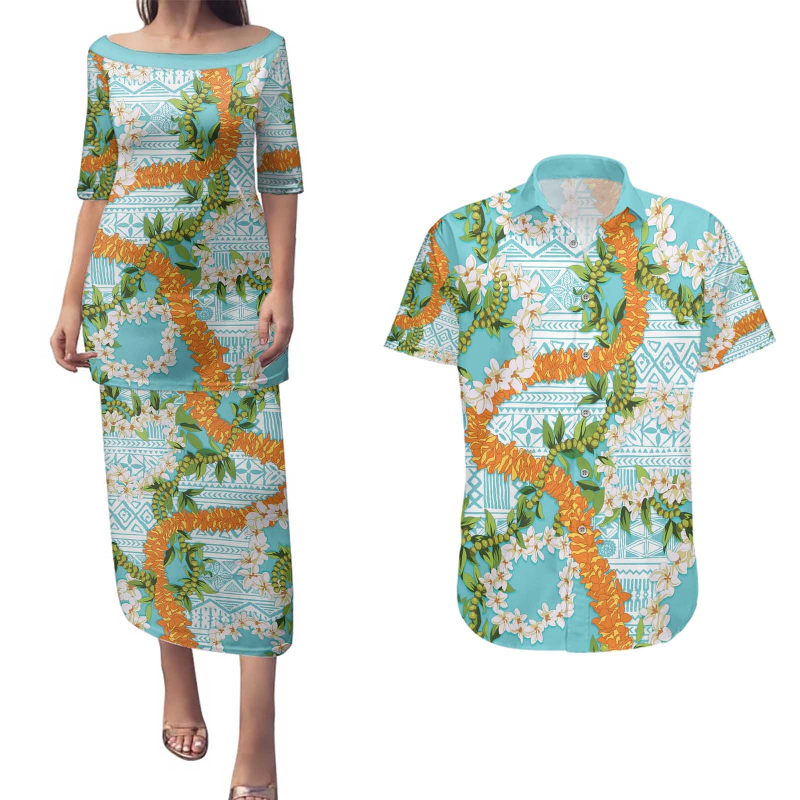 Aloha Festive Hawaii Couples Matching Puletasi and Hawaiian Shirt Mokihana - Maile and Ilima on Turquoise - Polynesian Pride