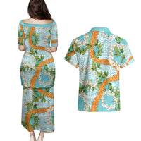 Aloha Festive Hawaii Couples Matching Puletasi and Hawaiian Shirt Mokihana - Maile and Ilima on Turquoise - Polynesian Pride