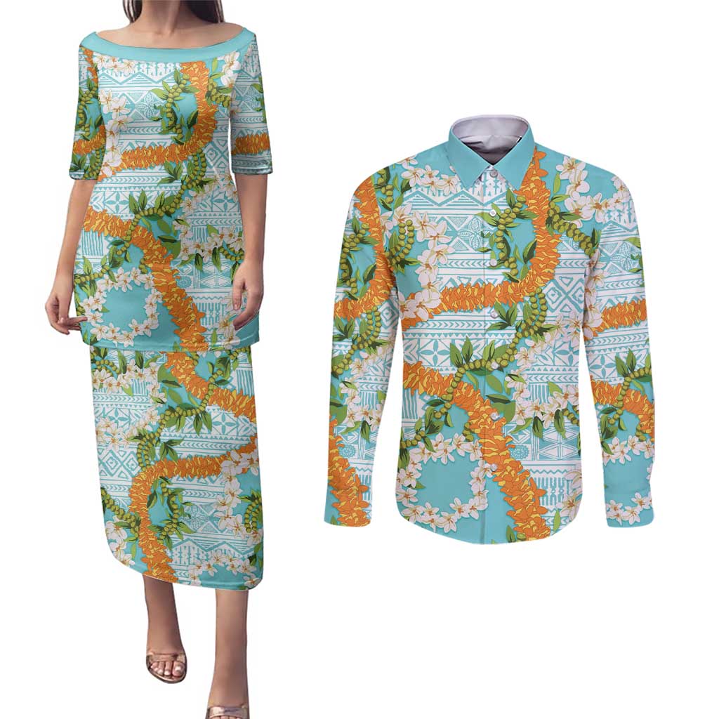 Aloha Festive Hawaii Couples Matching Puletasi and Long Sleeve Button Shirt Mokihana - Maile and Ilima on Turquoise - Polynesian Pride