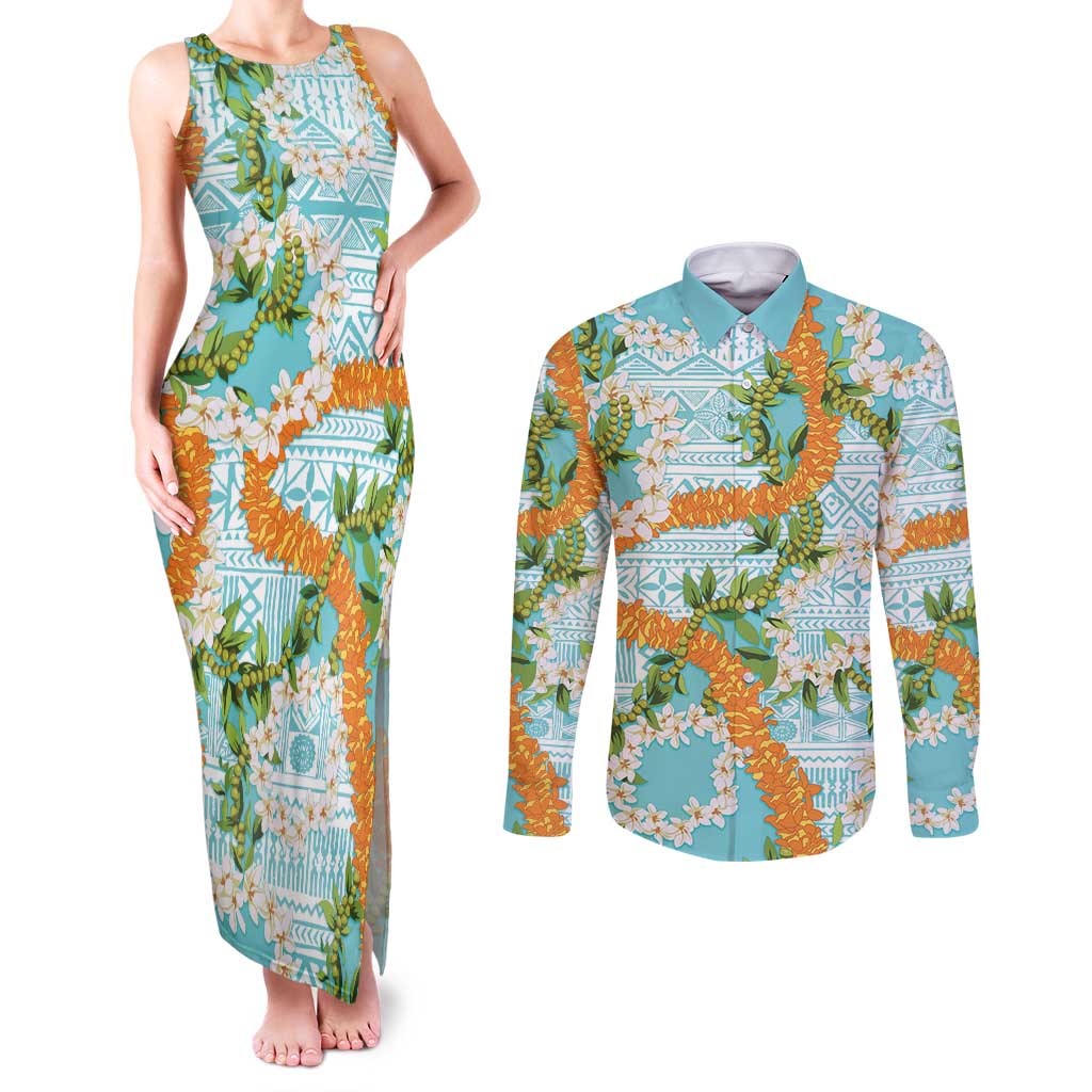 Aloha Festive Hawaii Couples Matching Tank Maxi Dress and Long Sleeve Button Shirt Mokihana - Maile and Ilima on Turquoise - Polynesian Pride