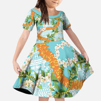 Aloha Festive Hawaii Family Matching Long Sleeve Bodycon Dress and Hawaiian Shirt Mokihana - Maile and Ilima on Turquoise LT7 Daughter's Dress Turquoise - Polynesian Pride