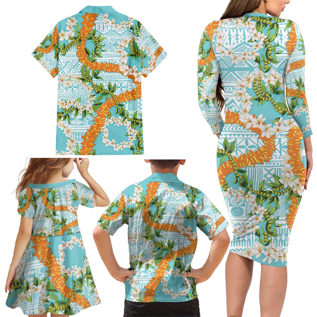 Aloha Festive Hawaii Family Matching Long Sleeve Bodycon Dress and Hawaiian Shirt Mokihana - Maile and Ilima on Turquoise LT7 - Polynesian Pride