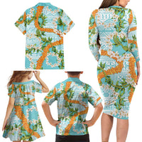 Aloha Festive Hawaii Family Matching Long Sleeve Bodycon Dress and Hawaiian Shirt Mokihana - Maile and Ilima on Turquoise LT7 - Polynesian Pride