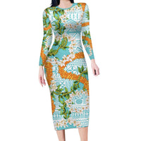 Aloha Festive Hawaii Family Matching Long Sleeve Bodycon Dress and Hawaiian Shirt Mokihana - Maile and Ilima on Turquoise LT7 Mom's Dress Turquoise - Polynesian Pride