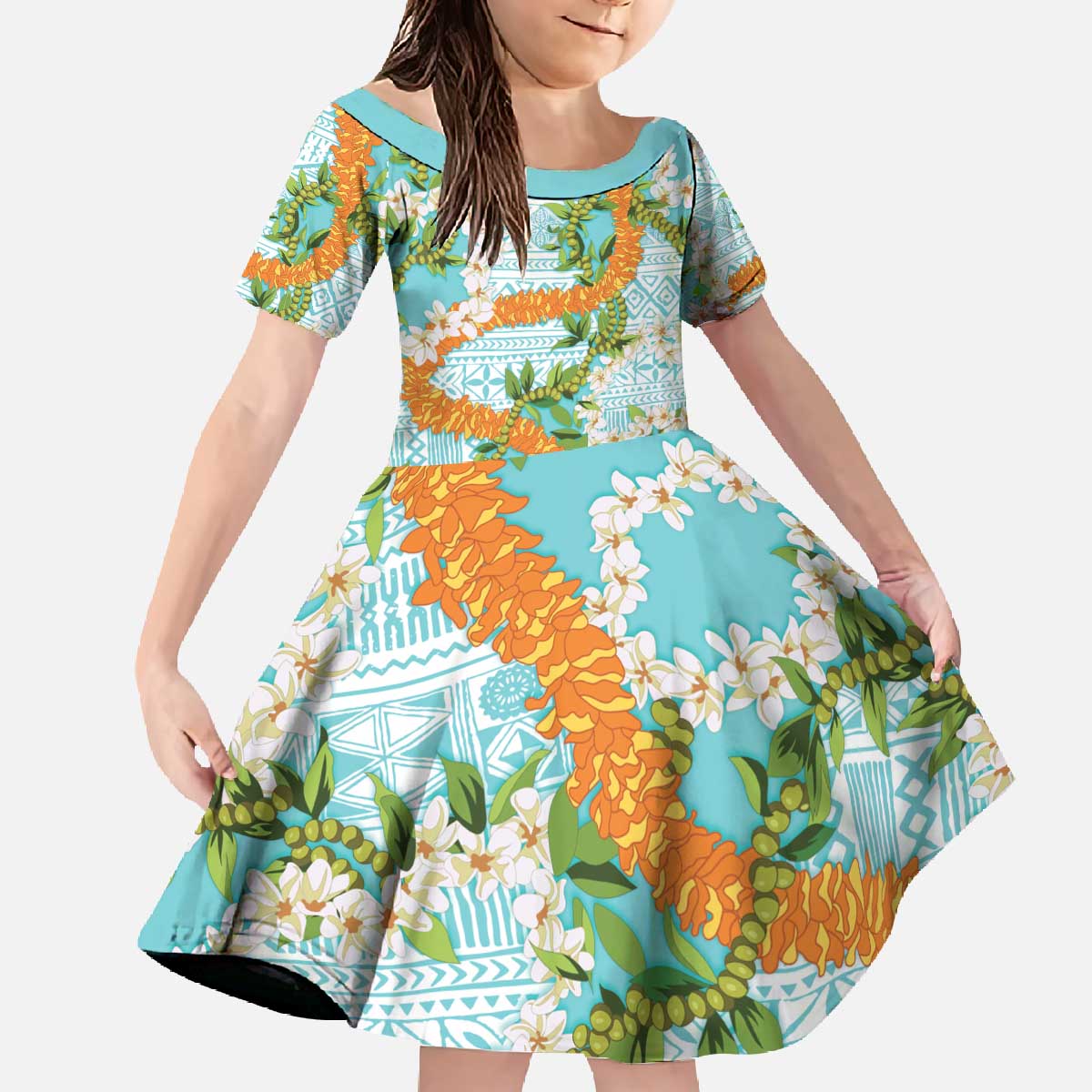 Aloha Festive Hawaii Family Matching Off The Shoulder Long Sleeve Dress and Hawaiian Shirt Mokihana - Maile and Ilima on Turquoise LT7 Daughter's Dress Turquoise - Polynesian Pride
